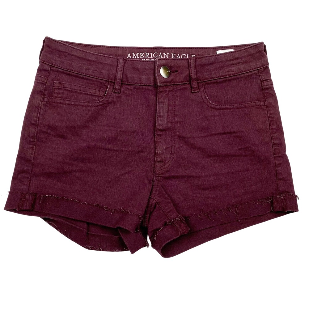 American Eagle Hi-Rise Shortie Super Stretch Raw Hem Denim Shorts Women 6 Maroon